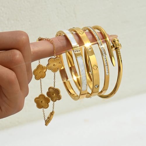 Bangle Bracelet Set for Women Stackable No Tarnish 18K Gold Plated Stainless Steel Dainty Gold Bangle Bracelets - color: Style 5