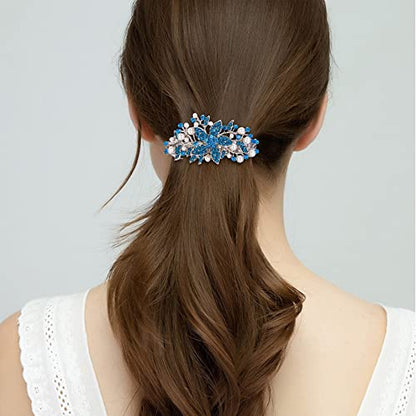 EVER FAITH Austrian Crystal Bridal Hibiscus Flower Leaf Cream Simulated Pearl Hair Clip Barrette Navy Blue Silver-Tone - color: Navy Blue Silver-Tone