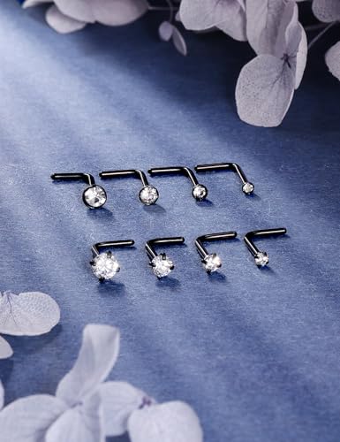 18G 20G 22G Titanium Stainless Surgical Steel Nose Rings Studs for Women L Shaped Nose Studs Screw Nose Ring Piercing Jewelry for Women Men Diamond CZ 1.5mm 2mm 2.5mm 3mm Silver Black Gold - style: 20g/Clear CZ/L-shaped/Black