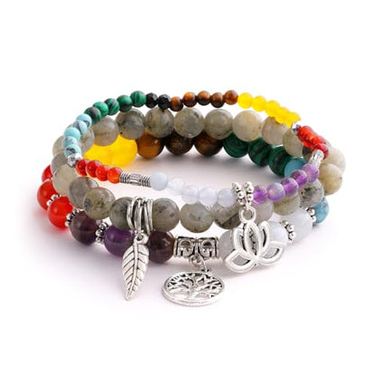 Tree of Life Yoga Healing Stone Bracelets,Multilayer Lotus Chakra Stone Reiki Bracelet Sets,Anxiety Crystal Natural Stone,for Women Stress Relief - style: Chakra+White labradorite