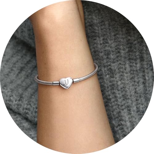 Initial Bracelet Heart Clasp Stainless Steel Snake Chain Alphabet Letter Charm Gift for Women Mom Girlfriend Wife - style: U