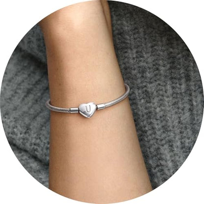 Initial Bracelet Heart Clasp Stainless Steel Snake Chain Alphabet Letter Charm Gift for Women Mom Girlfriend Wife - style: U