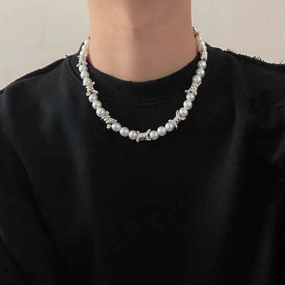 Gold/Silver Pearl Necklace for Men Faux Pearl Choker Necklace Beaded Adjustable Chain Gothic Chunky Beaded Statement Hip Hop Rock Party Festival Collar para Hombre Fashion Jewelry Gift for Men - style: Style-A