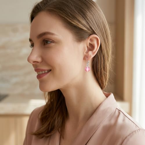 Pearl Leverback Earrings for Women Dangle Round Gemstone Earrings Birthstone Jewelry Gift Anniversary for Her - color: 21 Pink cat-eye