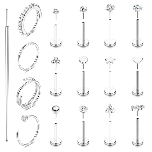 ORAZIO 14K Gold Filled Nose Rings Studs Hoops for Women Men 20G 18G Hypoallergenic Surgical Steel Push in Threadless Flat Back Earrings CZ Helix Tragus Lip Cartilage Medusa Nostril Piercing Jewelry - color: Silver Tone, size: 20g=0.8mm