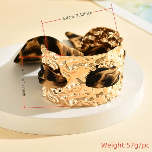 Chunky Gold Hammered Bracelets for Women, Leopard Print Scarf Big Golden Stainless Steel Cuff Bangle Silk Styling Charm Stackable Statement Jewelry Gifts - color: Large size -4.5cm