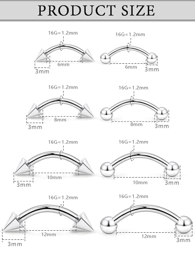 Eyebrow Piercing Jewelry Surgical Steel Curved Barbell Tiny Eyebrow Ring Vertical Labret Lip Jewelry Ear Rook Navel Small Belly Button Ring for Women Men 20g 16g 6mm/8mm/10mm/12mm - color: Silver tone Eyebrow Piercing Jewelry 16G