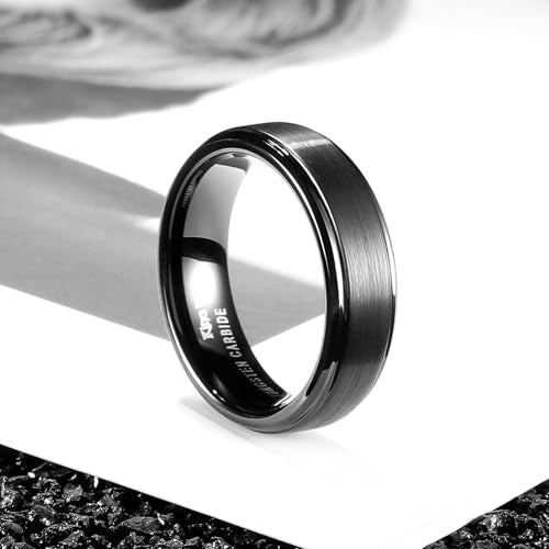 King Will Classic Tungsten Wedding Band for Men, 6/7/8/9/10mm Widths, Polished Finish Step Edge Matte Rings Comfort Fit - color: B-Black 6mm