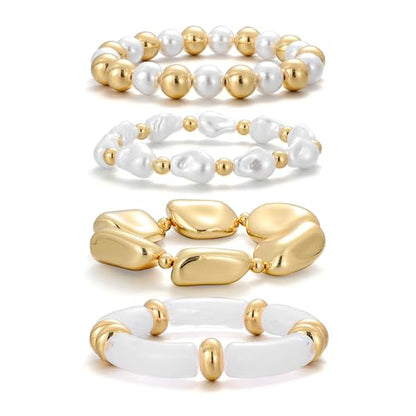 GOOJIDS Simple Beaded Gold Plated Bangles Bracelet Chunky Bamboo Tube Curved Stacking Clear Acrylic Colorful Beads Stretchable Gold Plated Bracelets Set For Women - color: T Chunky Gold Beads Set