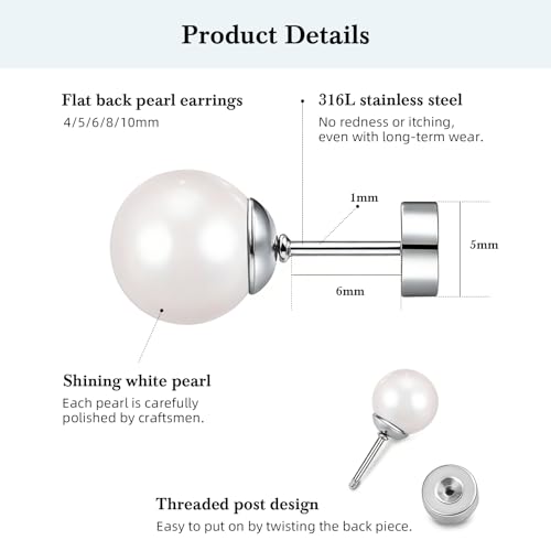 Pearl Earrings Studs for Women, 1 Pair Gold Filled Silver Hypoallergenic Titanium 20G Post with Screw Flat Back Small Pearls Jewelry Gift - color: Silver, size: 5mm Pearl