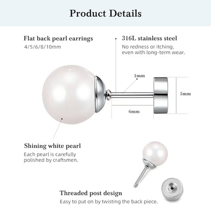 Pearl Earrings Studs for Women, 1 Pair Gold Filled Silver Hypoallergenic Titanium 20G Post with Screw Flat Back Small Pearls Jewelry Gift - color: Silver, size: 10mm Pearl