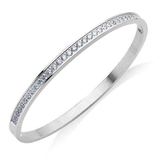 555Jewelry Womens Stainless Steel Fashion Cuff Hinged Lock Bangle Bracelet - color: Silver