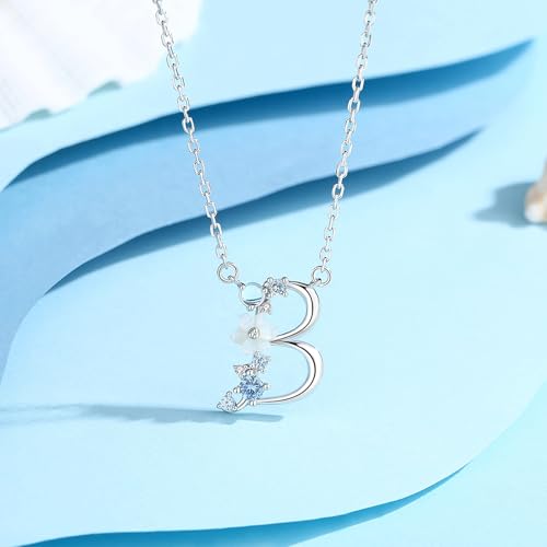 VIKI LYNN Initial Necklace for Women 925 Sterling Silver Initial A to Z Letter Pendant Necklace with Blue Flower Cubic Zirconia Birthday Engagement Gift for Women,Mom, Couple - style: Letter B