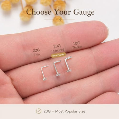 LUCKYJEWUS 3Pcs 925 Sterling Silver Nose Rings Studs Set, 18G/20G/22G L Shaped CZ Diamond Nose Studs for Women & Men, 2mm 2.5mm 3mm Hypoallergenic Nose Piercing Jewelry - size: 3pcs - 22G