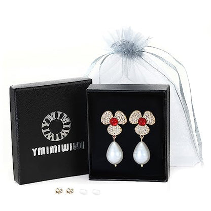 Earrings Holy Stud Earrings for Girls/Women, Sliver Gold Wedding Earrings for Bridesmaids - color: Red Diamond Pearl|Gold