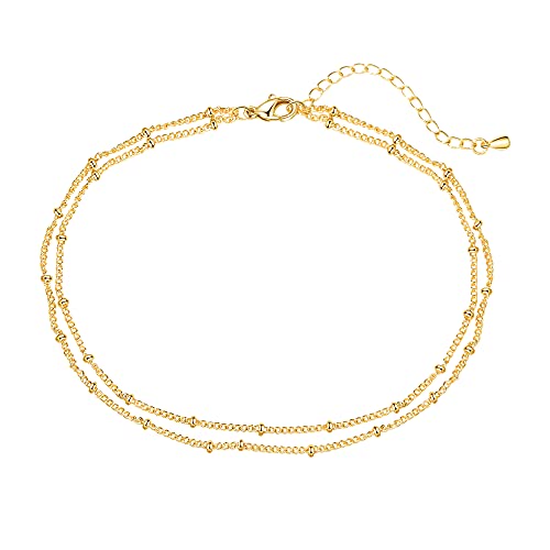 Pencros Dainty Layered Anklet,14K Gold Filled Cute Beads Satellite Chain Heart Boho Adjustable Anklets for Women - color: Layer Beads Gold