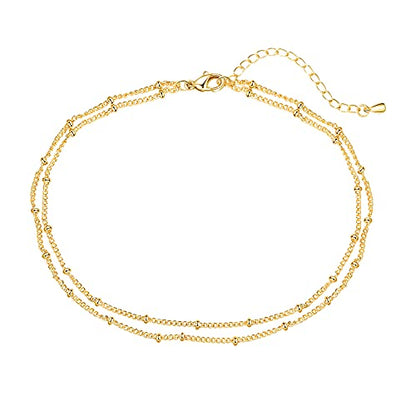 Pencros Dainty Layered Anklet,14K Gold Filled Cute Beads Satellite Chain Heart Boho Adjustable Anklets for Women - color: Layer Beads Gold
