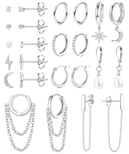 12Pairs Gold Hoop Earrings for Women 14K Gold Plated Cartilage Earring Sets for Multiple Piercing Hypoallergenic Stainless Steel Earrings Dainty Earring Stack Small Hoop Stud Earrings - color: silver tone