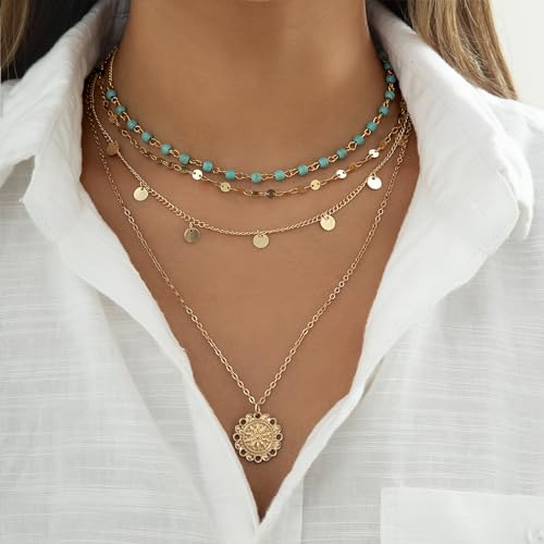 Gold Layered Necklace for Women Summer Boho Layered Stacked Pendant Necklace Country Concert Necklace Turquoise Coin Long Necklace - color: A