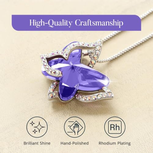 Butterfly Necklace, Birthstone Crystal, for Women, Silver Tone Pendant Jewelry, Anniversary Birthday Gift for Her, Wife & Mom, 18"+2" - color: 02b-February Birthstone - Tanzanite Purple Crystal