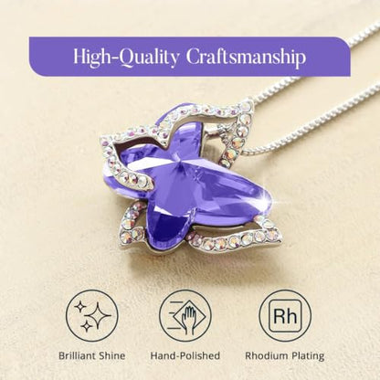 Butterfly Necklace, Birthstone Crystal, for Women, Silver Tone Pendant Jewelry, Anniversary Birthday Gift for Her, Wife & Mom, 18"+2" - color: 02b-February Birthstone - Tanzanite Purple Crystal