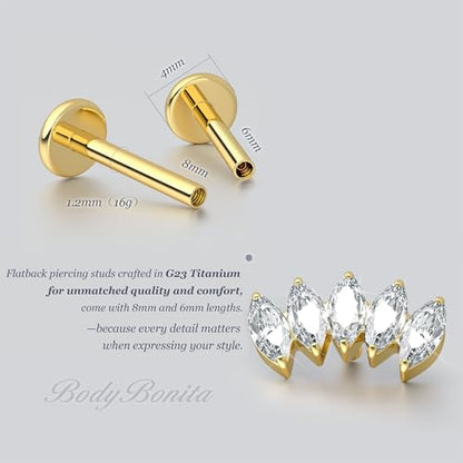 G23 Titanium 16G Tragus Conch Piercing Jewelry Flat Back Stud Earrings | Hypoallergenic CZ Nose Dangle Helix Medusa Lip Labret Body Piercing Jewelry, 14K Gold Plated, Silver, 6 and 8 mm Post Length - color: Marquise Flow-14K Gold