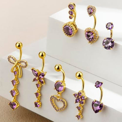 BSJ4U 8Pcs Gold Pink Silver Belly Button Ring Dangle Navel Belly Piercing Jewelry Cute CZ Butterfly Heart Flower Bow Navel Belly Rings for Women 14G Hypoallergenic Surgical Stainless Steel Dainty Dangling Dangly Belly Button Piercing Pack - color: Gold Pu