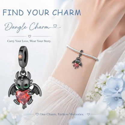 S925 Sterling Silver Cute Bead Charm for Pandora Bracelets and Necklaces | Lucky Clover Cute Animal Pink Bow Cherry Butterfly Pendant Bead Charms Jewelry Making Gifts for Women Valentines Mother's Day - style: Black Dragon Bead Charm