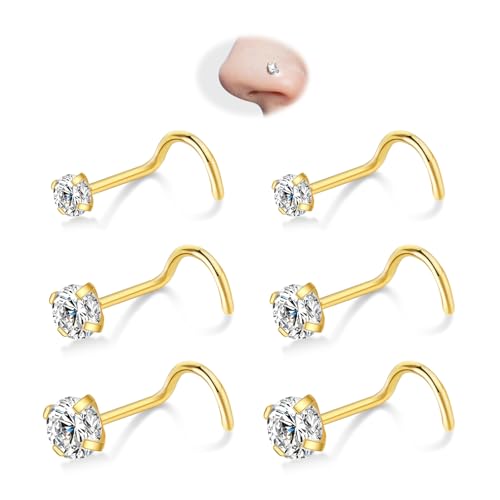 Nose Rings Studs - 5 Pairs 20G Gold/Silver Nose Screw Rings for Women Men 316L Surgical Stainless Steel Hypoallergenic Corkscrew Nose Studs 1.5mm 2mm 2.5mm 3mm 4mm Clear CZ Piercing Jewelry - color: Gold 2mm/3mm/4mm