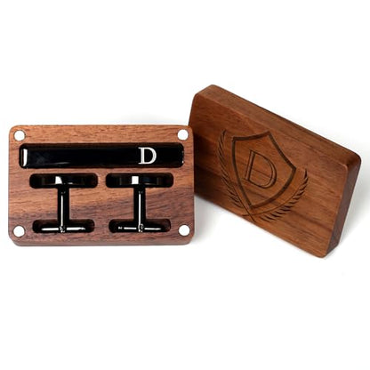 Mens Initial Cufflinks and Tie Clip A-Z Alphabet Letter Black Stainless Cuff Links Tie Bar with Engraved Walnut Wood Box Groom Groomsman Wedding Set - style: Classic-D