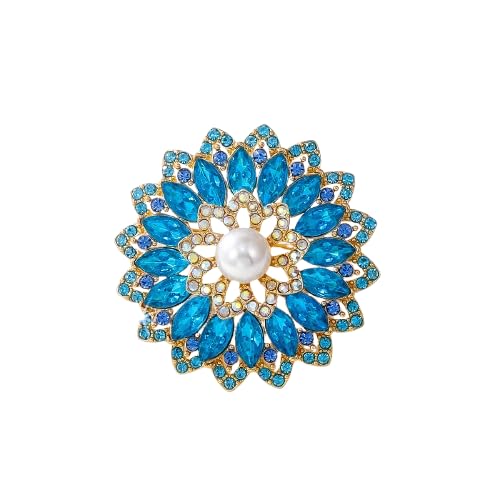 Rhinestone Crystal Flower Brooch Pin for Women,Vintage Multicolor Crystal Floral Lapel Pins Statement Sunflower Brooch Fashion Bride Formal Dress Jewelry - color: Blue