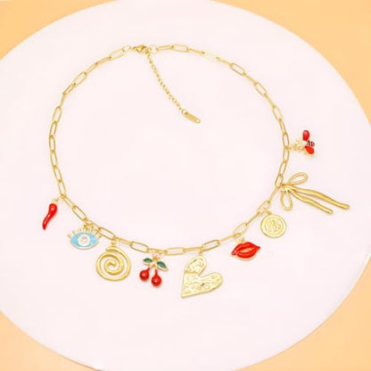 JNF Cute Shell Conch Boho Charm Necklace for Women Sun Moon Star Coin Heart Flower Boot Bow Charms Necklaces Summer Beach Jewelry - color: heart butterfly bow charms