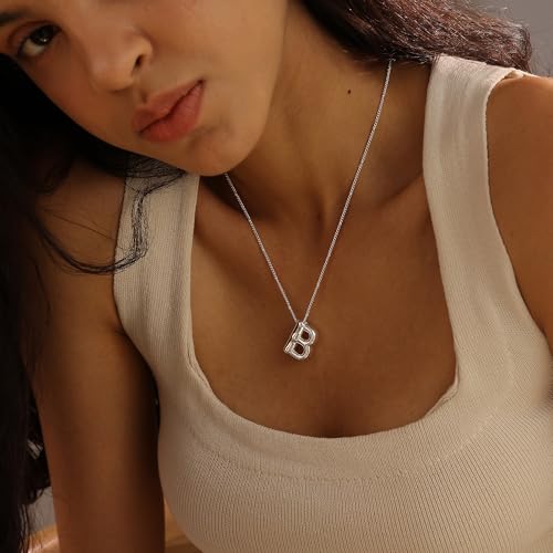 Ewrkbrㅤ Initial Necklaces for Women, 14k Gold Plated Bubble Letter Necklace Chunky Gold Necklace Dainty Charm Initial Necklaces for Women Trendy Custom Preppy Stocking Stuff Necklace Christmas Gifts - color: Silver, style: B