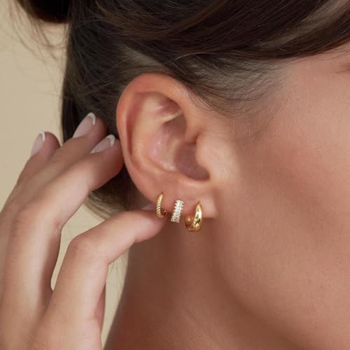 3 Pairs Huggie Hoop Earring Set 18K Gold Plated Cubic Zirconia Cartilage Earrings, Multi Piercings Ear Jacket Earring Climber Stud Earring for Women Everyday Earrings - color: 3 CZ Silver