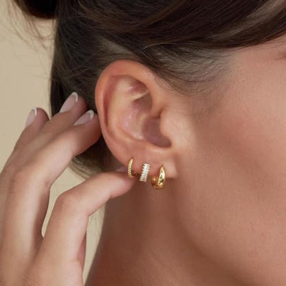 3 Pairs Huggie Hoop Earring Set 18K Gold Plated Cubic Zirconia Cartilage Earrings, Multi Piercings Ear Jacket Earring Climber Stud Earring for Women Everyday Earrings - color: 3 CZ Silver