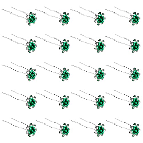 QIUTIMIY 20 Pack (Green) Crystal Hair Pins Rose Flower Rhinestone Hair Clips for Bridal Wedding Women Hair Jewelry Accessories, with Clear Container - color: Rose Flower-Green