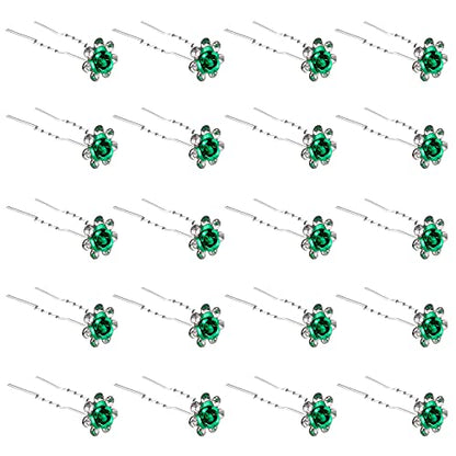 QIUTIMIY 20 Pack (Green) Crystal Hair Pins Rose Flower Rhinestone Hair Clips for Bridal Wedding Women Hair Jewelry Accessories, with Clear Container - color: Rose Flower-Green