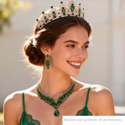 Kamirola Bridal Wedding Tiara Crown Jewelry Set for Women/Brides/Bridesmaids Crystal Jewelry Set for Wedding Prom Party Bridal Crystal Necklace Earrings Bracelet Set(TR60) - color: Gold Green