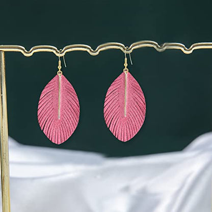 YUNXI Large Genuine Soft Leather Handmade Fringe Feather Lightweight Leaf with Simple Drop Metal Bar Tear Drop Dangle Color Earrings for Women - color: Pink