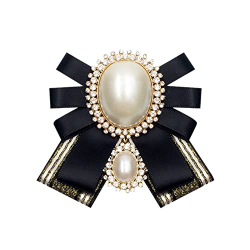 FASELE Bow Brooch Pre-Tied Neck Tie Pearl Brooch Pin Striped Bow Tie for Women Wedding Party Bow Tie - color: Gold Black/Pin