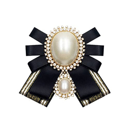 FASELE Bow Brooch Pre-Tied Neck Tie Pearl Brooch Pin Striped Bow Tie for Women Wedding Party Bow Tie - color: Gold Black/Pin