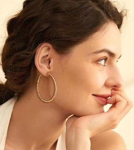 AllenCOCO Gold Hoop Earrings for Women, 18K Gold Plated Twisted Rope Design, Textured Thin Round Hoops with Sterling Silver Post Hypoallergenic 20-70mm - size: 70mm