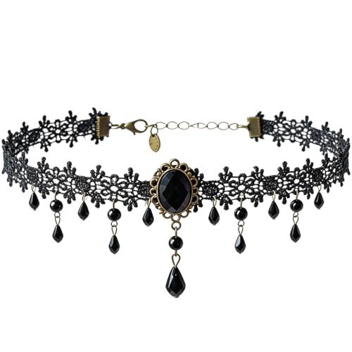 Black Choker for Women, Adjustable Layered Velvet Leather Lace Collar necklace, Goth necklace Gifts - color: Black Crystal