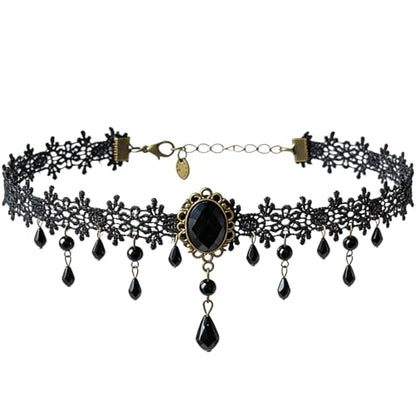 Black Choker for Women, Adjustable Layered Velvet Leather Lace Collar necklace, Goth necklace Gifts - color: Black Crystal