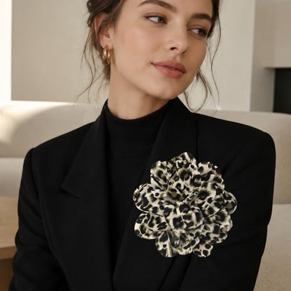 PLwelth Large Flower Brooch Pins Floral Hair Clips for Women Lapel Pins for Dress Clothes Suits Wedding Party Jewelry Gifts - color: Leopard Print-Green