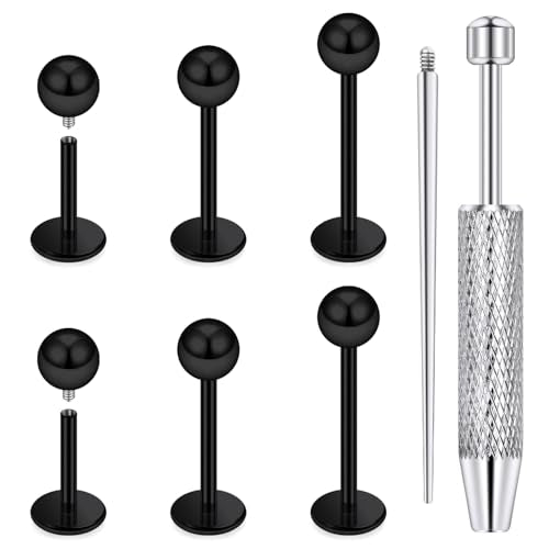 Internally Threaded Labret Studs 18G 16G 14G Surgical Steel Lip Piercing Jewelry with Claw Tool Monroe Snake Bite Jewelry Flat Back Barbell for Women Men Plus Piercing Ball Grabber Tool - color: black, size: 16g,ball end