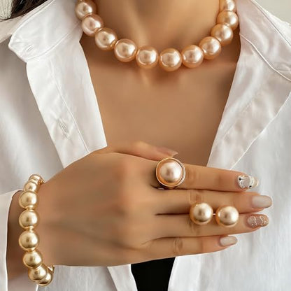 White Faux Pearl Necklace and Earrings Set Big Large Pearl Bead Ball Beaded Choker Necklace Black Pink Pearls Statement Bracelet Ring for Women - color: champagne