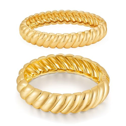 2PCS Chunky Gold Bangle Bracelets for Women Statement Hinged Open Thick Wrist Wrap Bracelet Stackable Bracelet Trendy Jewelry for Party Summer