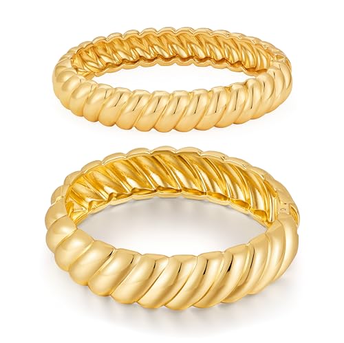 2PCS Chunky Gold Bangle Bracelets for Women Statement Hinged Open Thick Wrist Wrap Bracelet Stackable Bracelet Trendy Jewelry for Party Summer