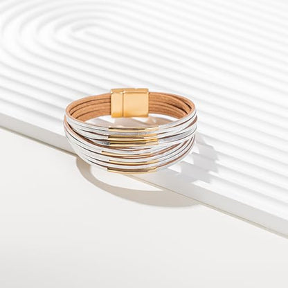 Gold Tube Leather Wrap Bracelets Boho Chunky Stackable Layered Western Cuff | Stacked Bohemian Cool Magnetic Clasp Bangles Statement Cowgirl Hippie Country Festival Accessories for Women Trendy - color: Silver